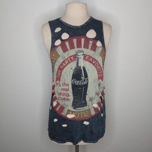 Coca Cola Womens Tank Top Small The Classic Grey Distressed Holes Party Favorite - Picture 2 of 12